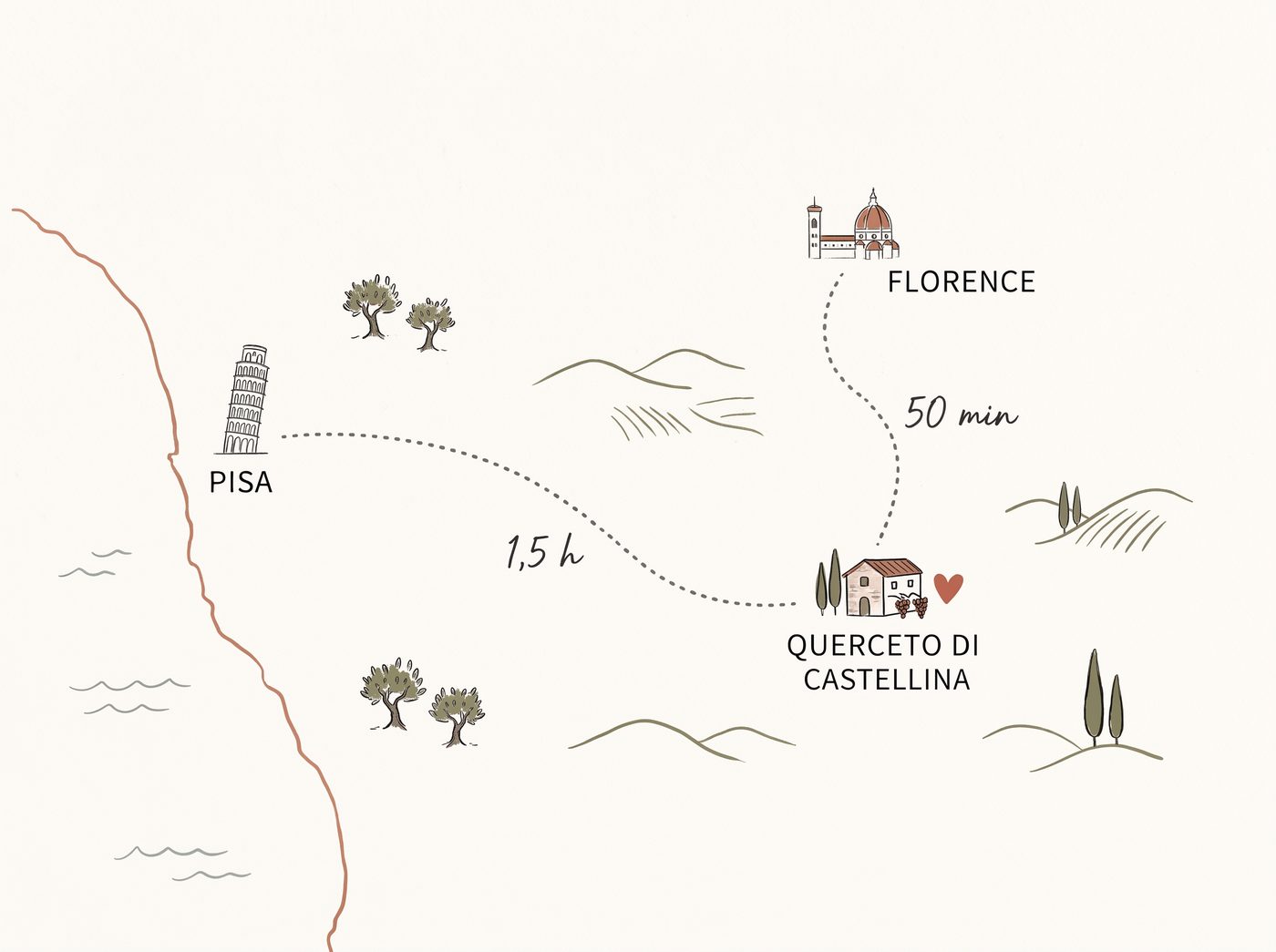 Illustrerad karta: Querceto di Castellina ligger cirka 50 minuter från Florens och 1,5 timme från Pisa